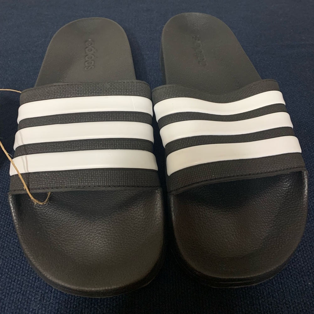 Adidas Black Slides with White Stripes size 13